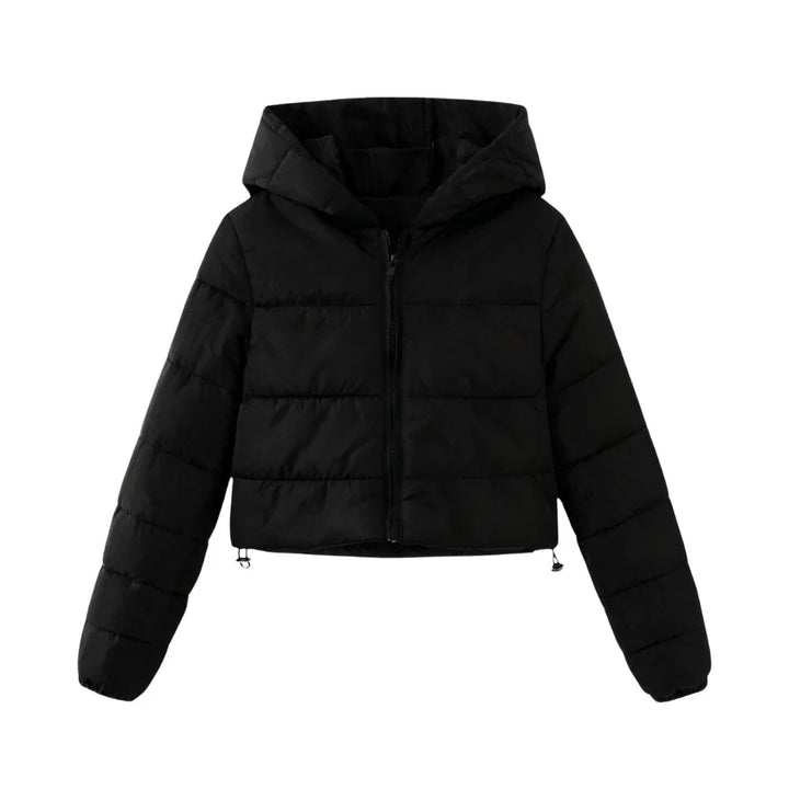 Winter Cropped Puffer Jacket Women Black Hooded Zip Coat