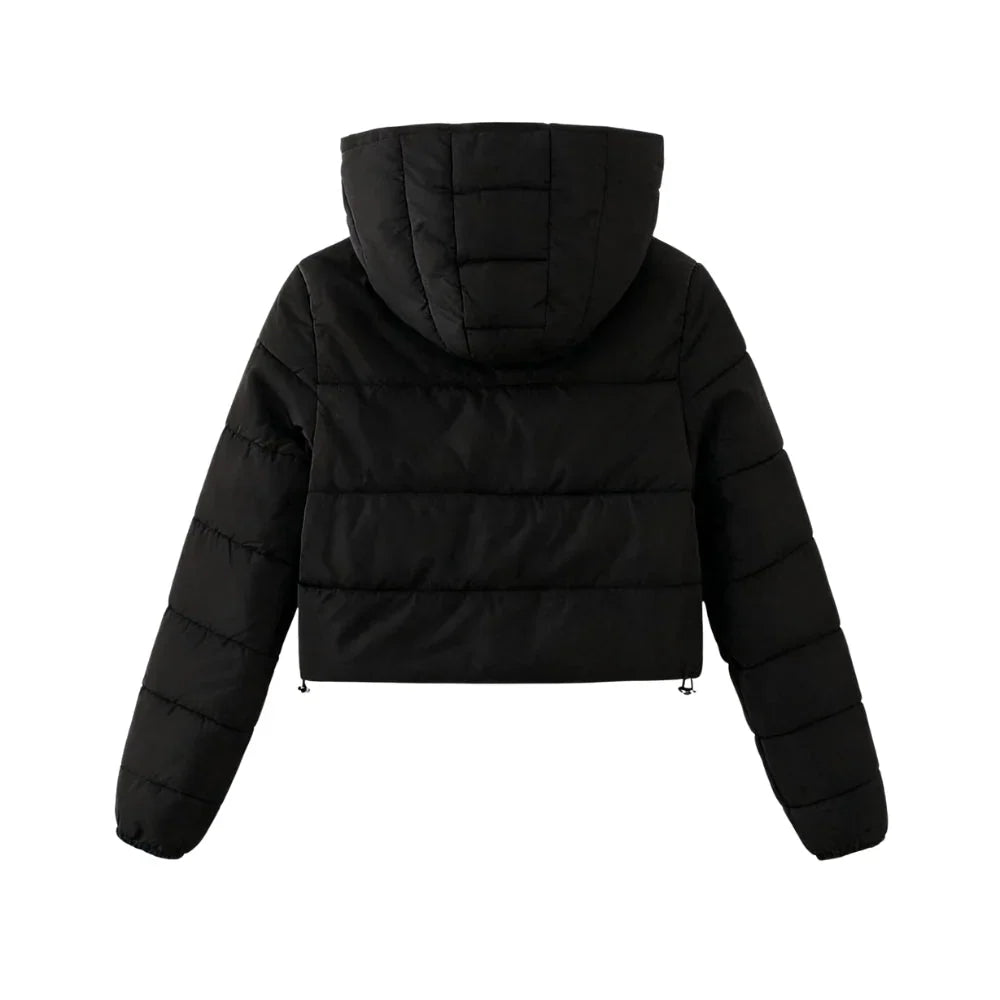 Winter Cropped Puffer Jacket Women Black Hooded Zip Coat