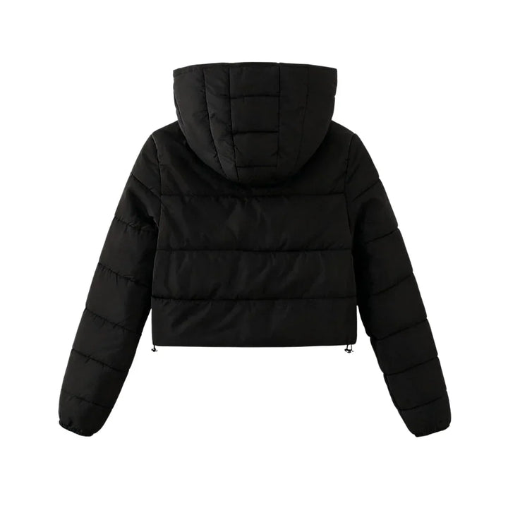 Winter Cropped Puffer Jacket Women Black Hooded Zip Coat