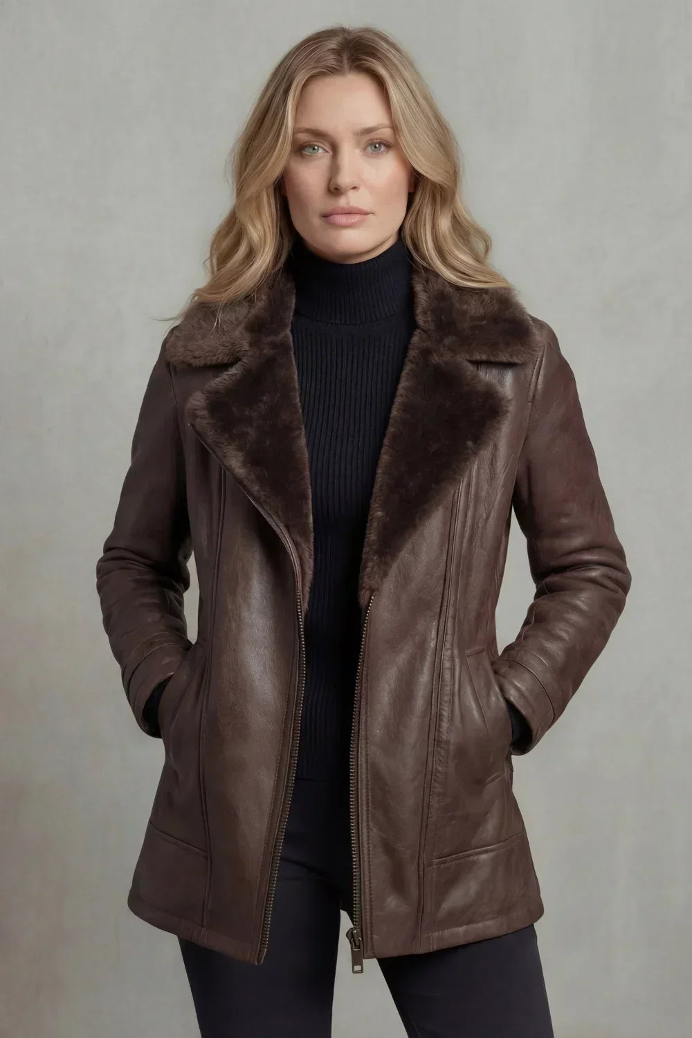 Winter Faux Leather Jacket Women Wide Faux Fur Collar Zip Front