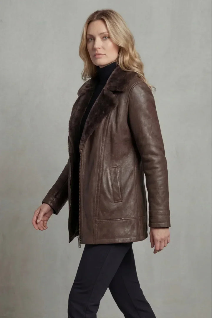 Winter Faux Leather Jacket Women Wide Faux Fur Collar Zip Front