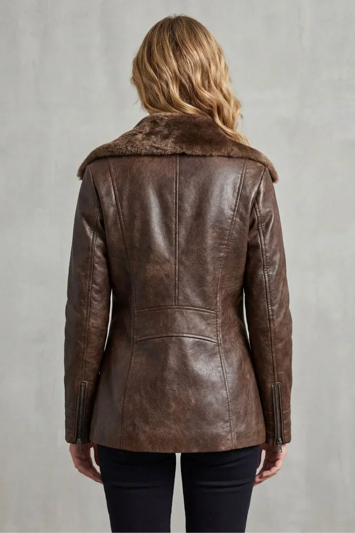 Winter Faux Leather Jacket Women Wide Faux Fur Collar Zip Front