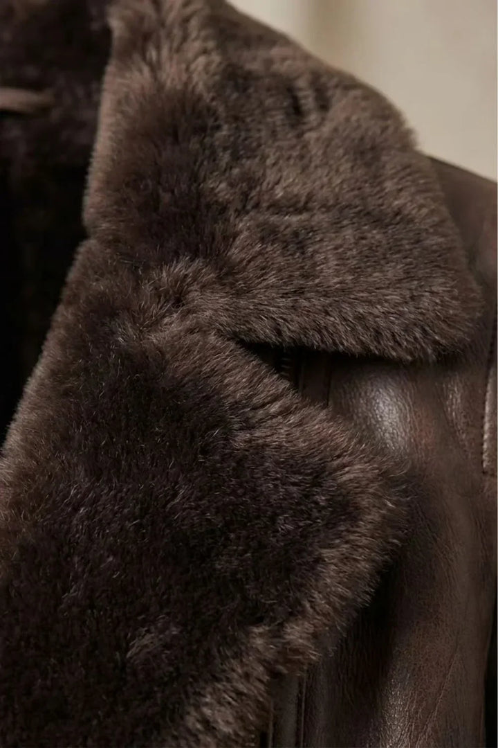 Winter Faux Leather Jacket Women Wide Faux Fur Collar Zip Front