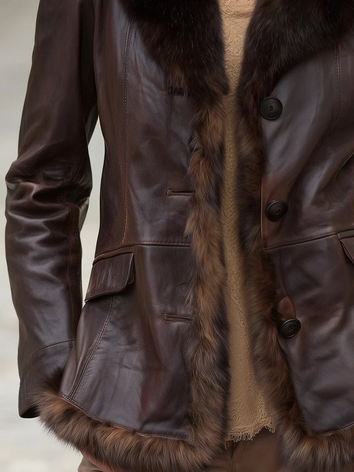 Winter Faux Fur Trim Jacket Women Faux Leather Button Front