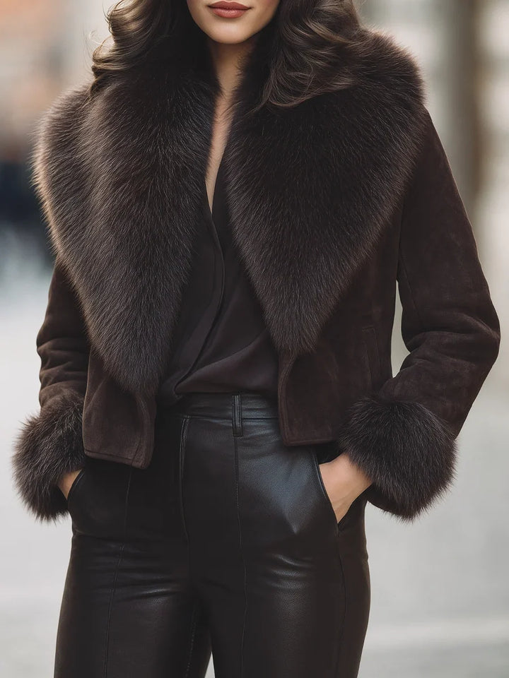 Winter Faux Fur Collar Jacket Women Cropped Brown Open Front