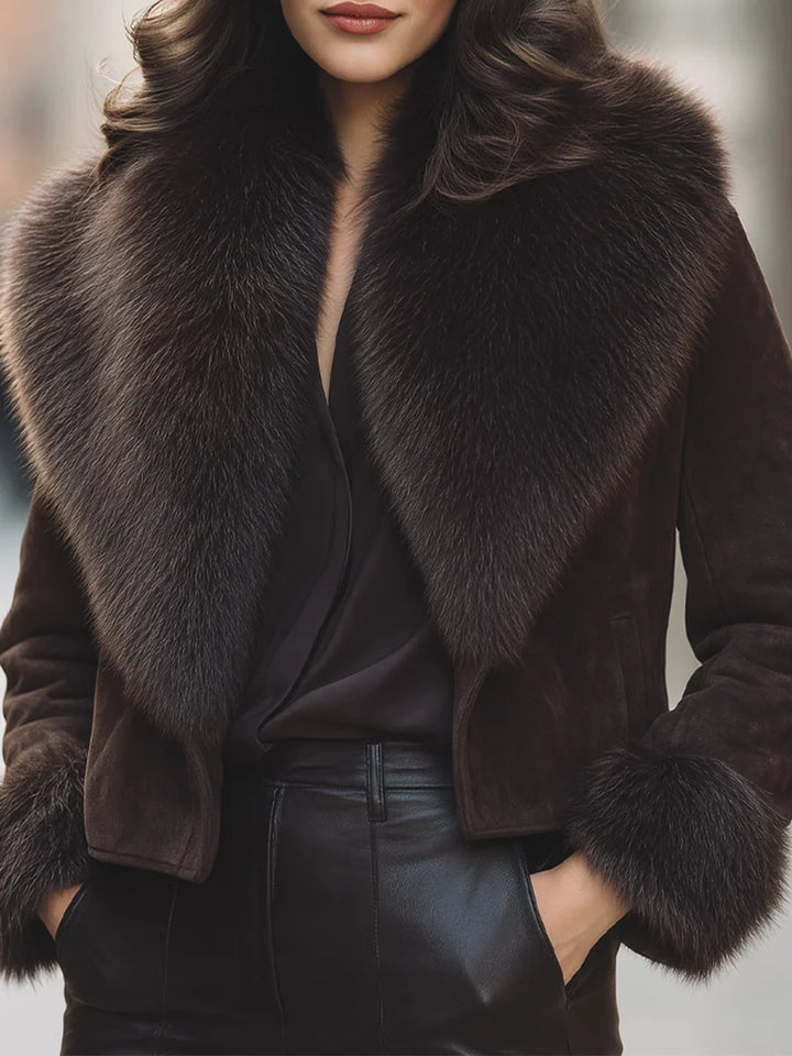 Winter Faux Fur Collar Jacket Women Cropped Brown Open Front