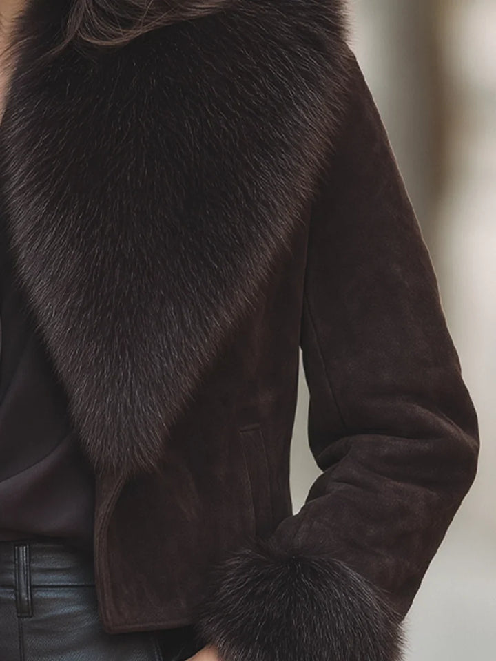 Winter Faux Fur Collar Jacket Women Cropped Brown Open Front