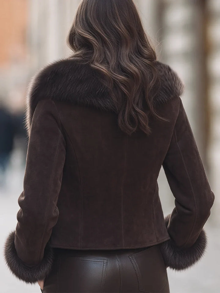Winter Faux Fur Collar Jacket Women Cropped Brown Open Front