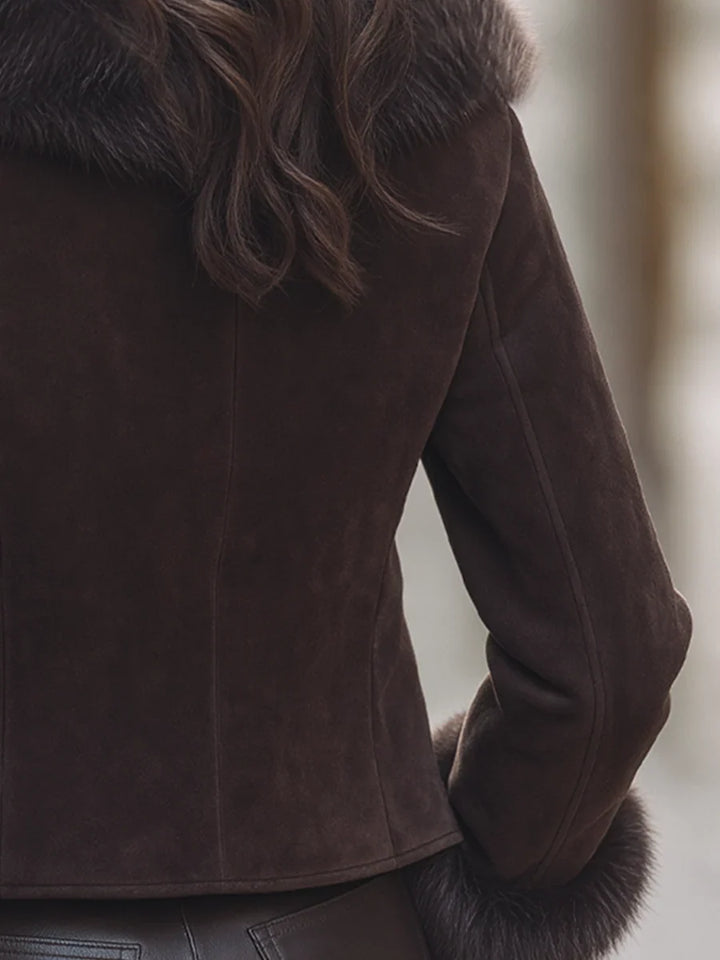 Winter Faux Fur Collar Jacket Women Cropped Brown Open Front