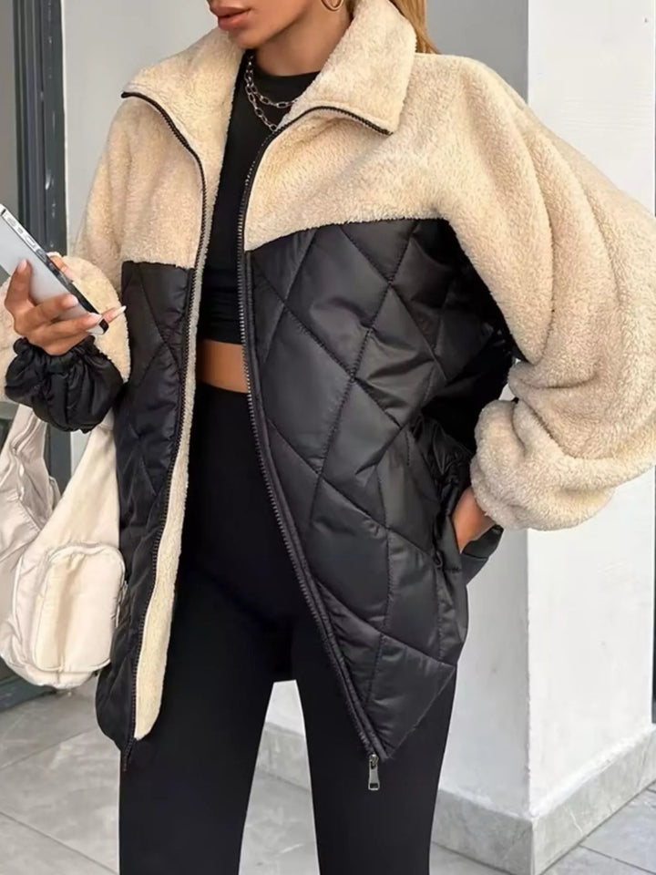 Winter Sherpa Puffer Jacket Women Color Block Quilted Zip Coat