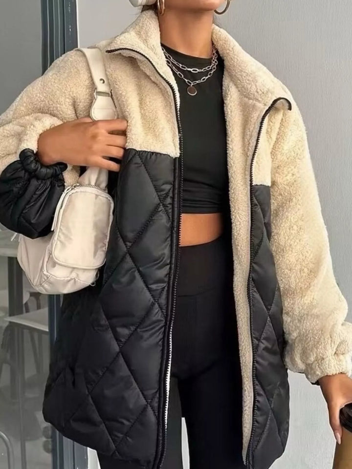 Winter Sherpa Puffer Jacket Women Color Block Quilted Zip Coat