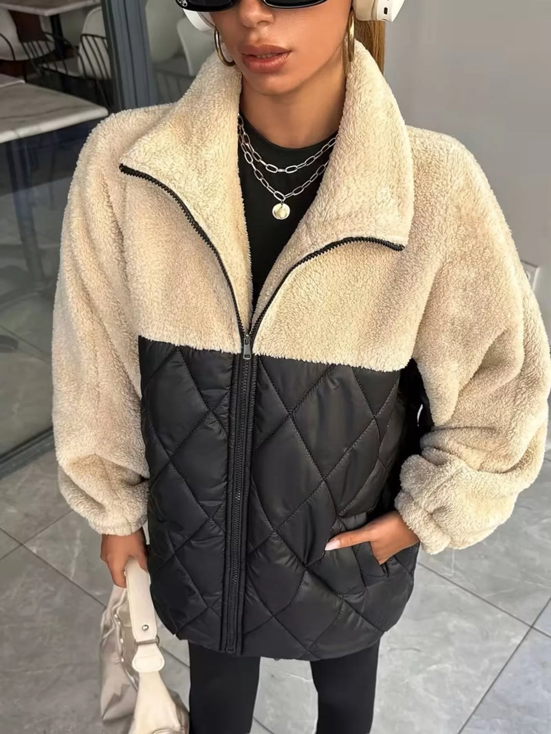 Winter Sherpa Puffer Jacket Women Color Block Quilted Zip Coat