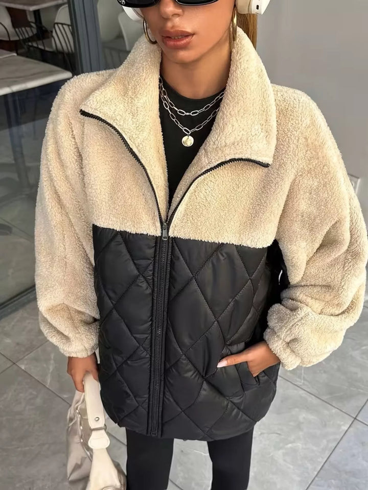 Winter Sherpa Puffer Jacket Women Color Block Quilted Zip Coat