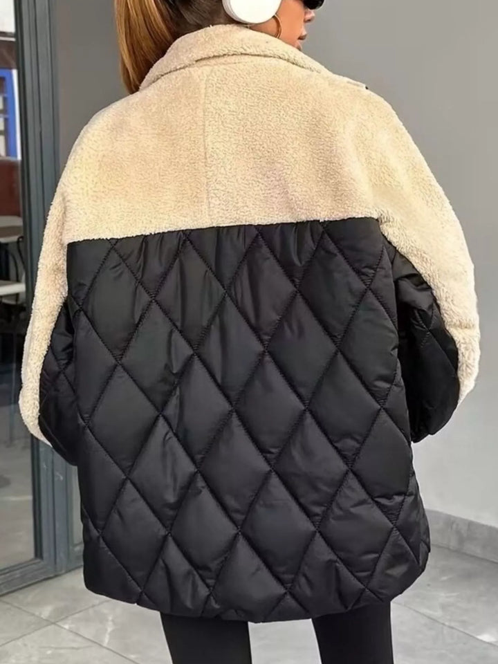 Winter Sherpa Puffer Jacket Women Color Block Quilted Zip Coat