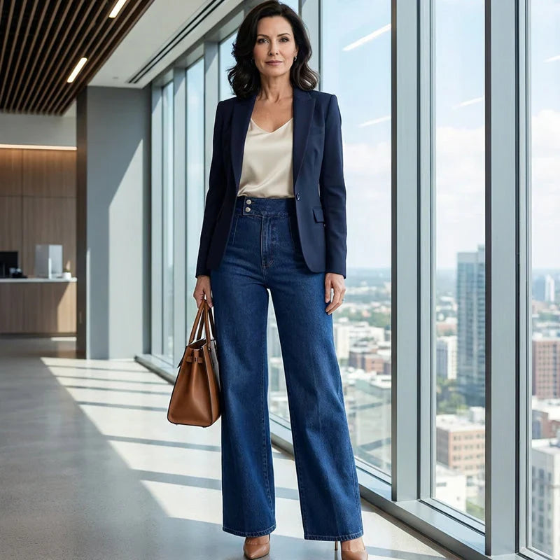 Women High-Waist Wide-Leg Flare Denim Jeans with Core Shaping