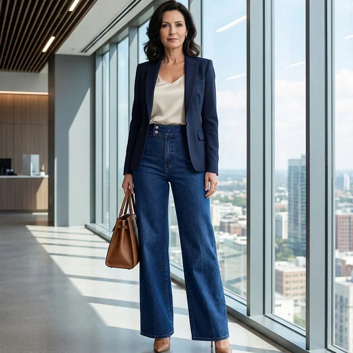 Women High-Waist Wide-Leg Flare Denim Jeans with Core Shaping