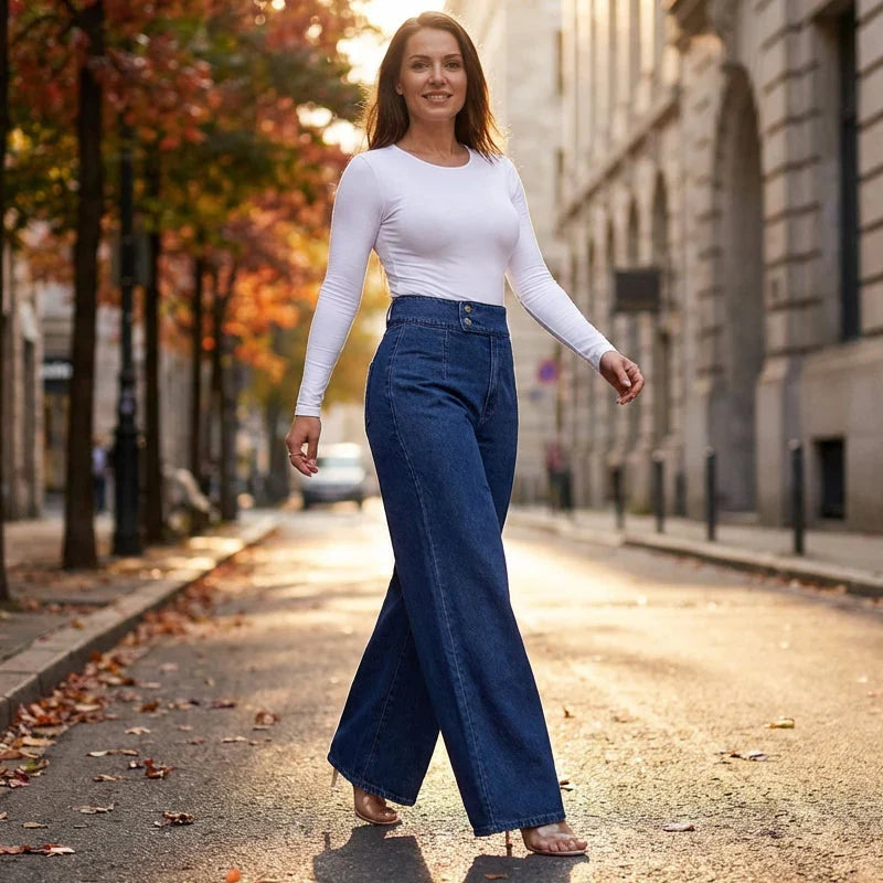 Women High-Waist Wide-Leg Flare Denim Jeans with Core Shaping