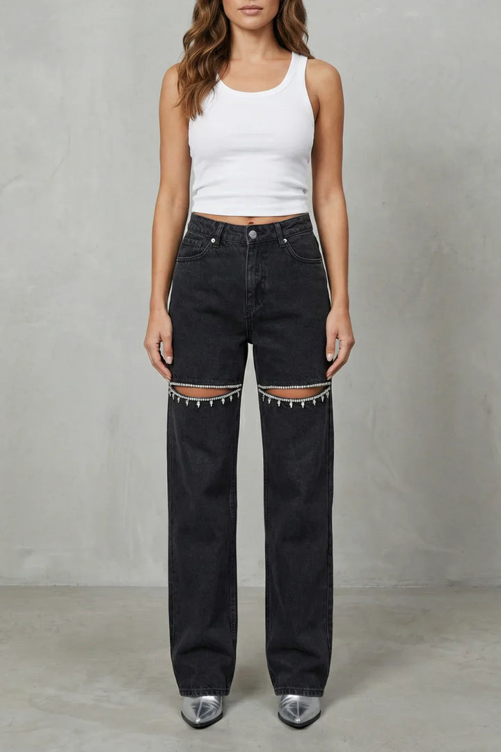 Women High-Waisted Flare Wide-Leg Jeans with Crystal Cut-Out Detail