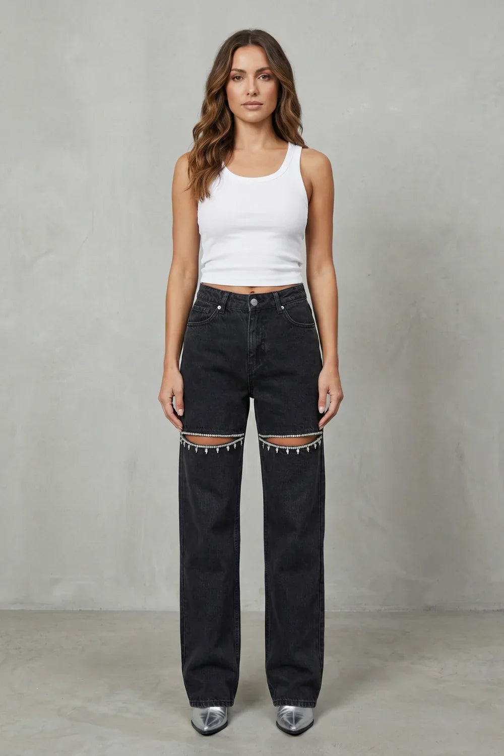 Women High-Waisted Flare Wide-Leg Jeans with Crystal Cut-Out Detail