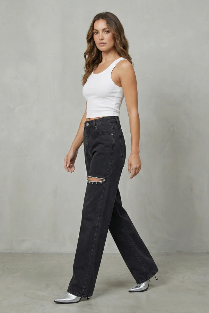 Women High-Waisted Flare Wide-Leg Jeans with Crystal Cut-Out Detail