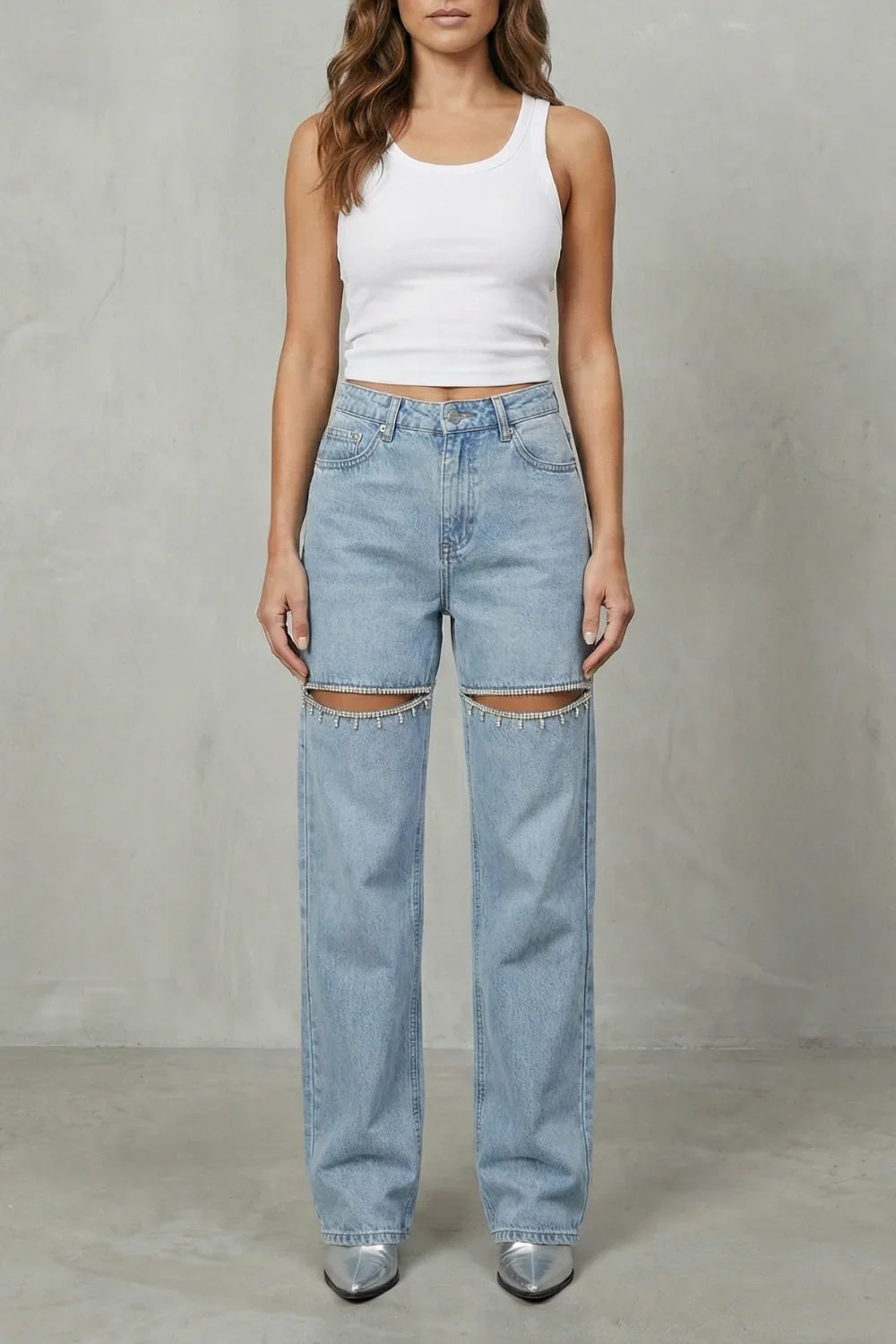 Women High-Waisted Flare Wide-Leg Jeans with Crystal Cut-Out Detail