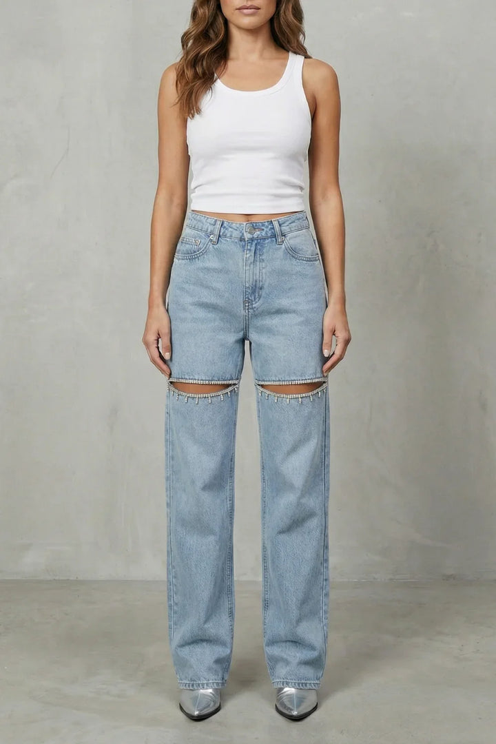 Women High-Waisted Flare Wide-Leg Jeans with Crystal Cut-Out Detail
