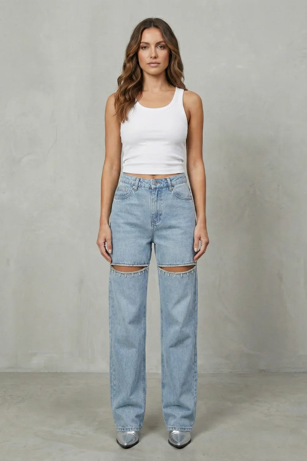 Women High-Waisted Flare Wide-Leg Jeans with Crystal Cut-Out Detail