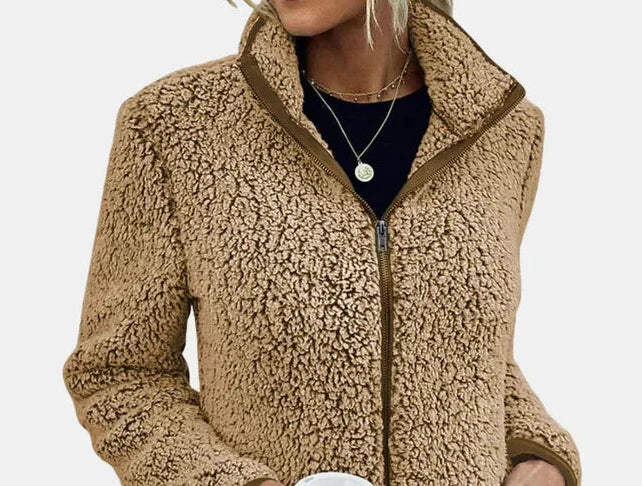 Winter Sherpa Teddy Fleece Jacket Women Zip Up Stand Collar Coat