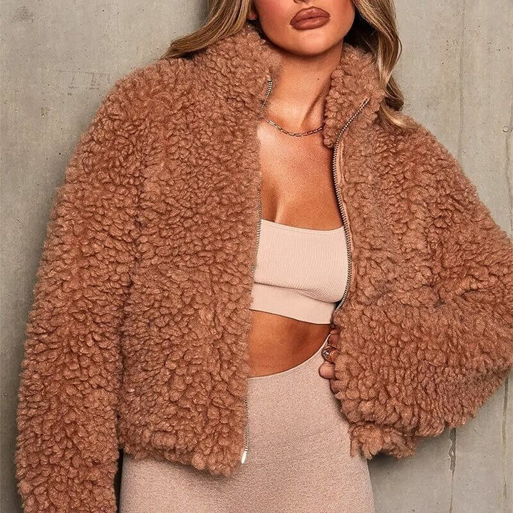 Winter Cropped Teddy Fleece Jacket Women Zip Up Stand Collar