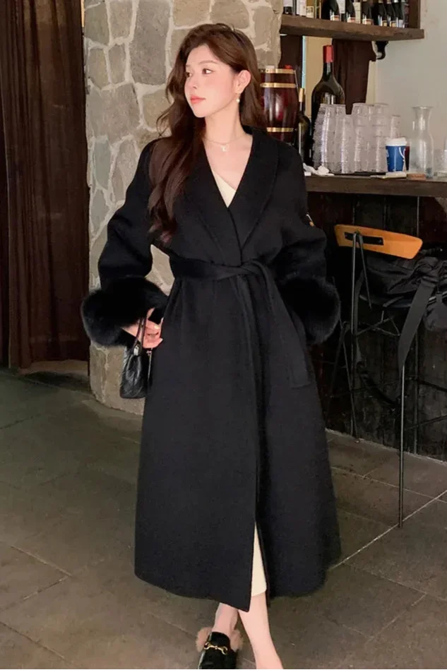 Winter Wrap Coat Women Faux Fur Trim Shawl Collar Belted Long