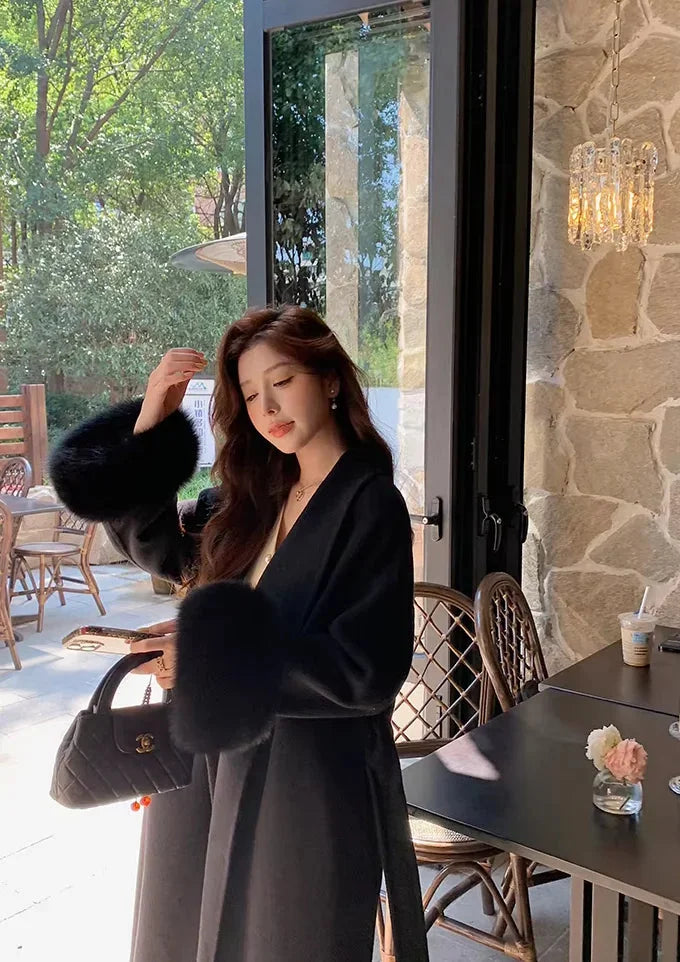 Winter Wrap Coat Women Faux Fur Trim Shawl Collar Belted Long