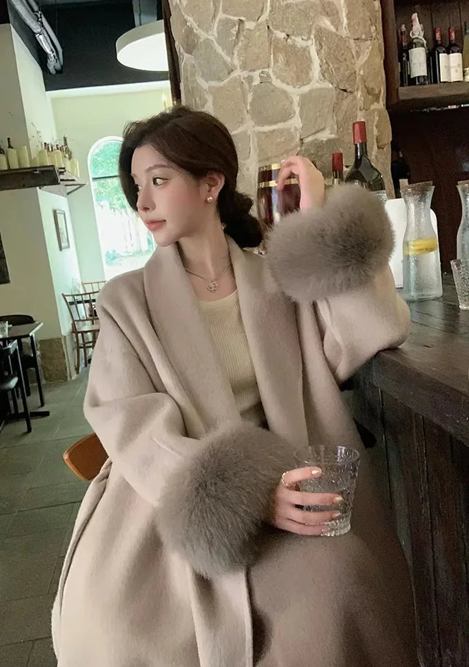 Winter Wrap Coat Women Faux Fur Trim Shawl Collar Belted Long