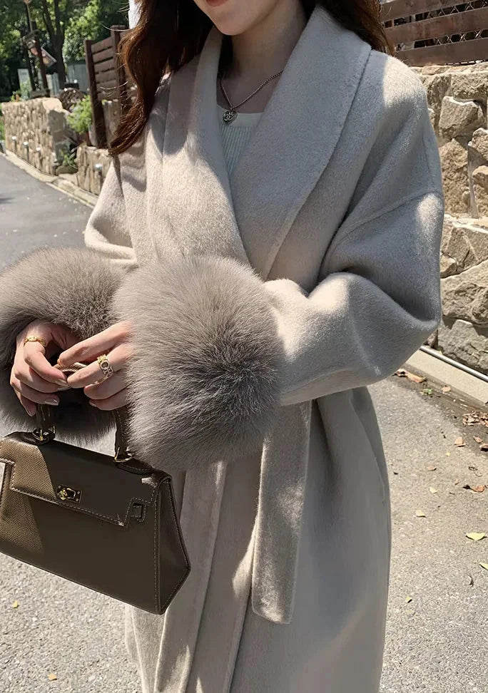 Winter Wrap Coat Women Faux Fur Trim Shawl Collar Belted Long