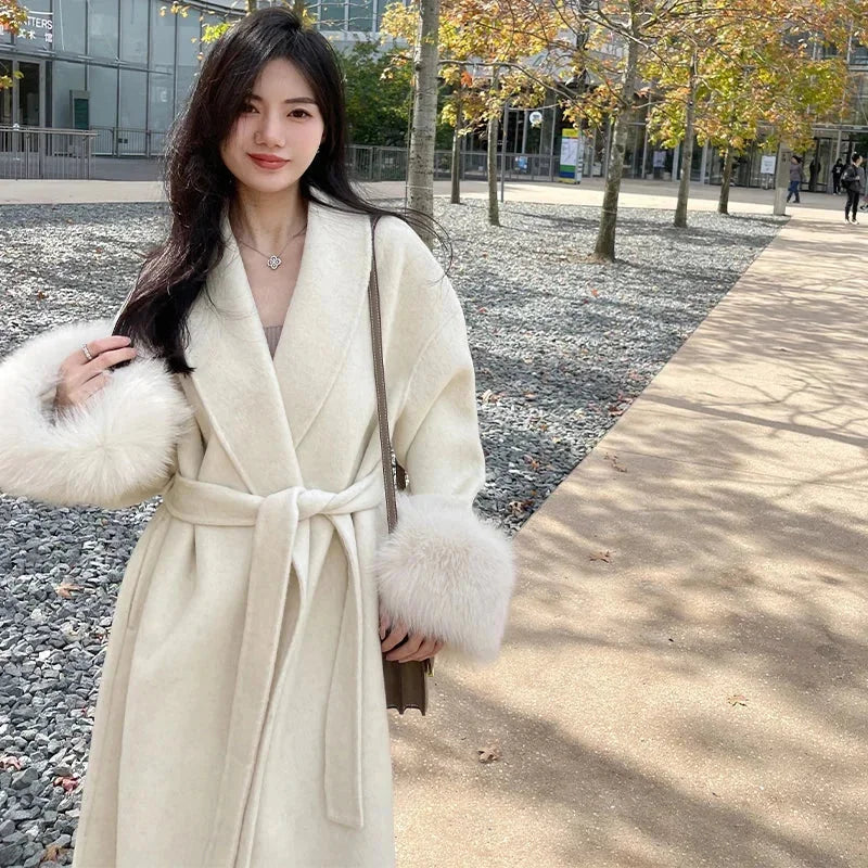 Winter Wrap Coat Women Faux Fur Trim Shawl Collar Belted Long