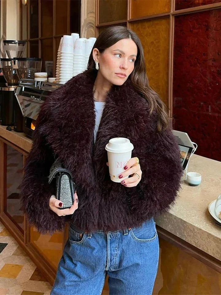 Winter Faux Fur Coat Women Burgundy Oversized Collar Plush