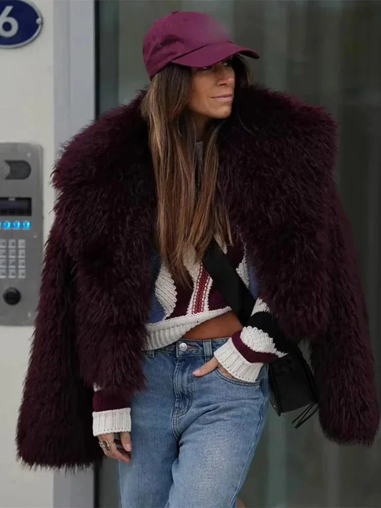 Winter Faux Fur Coat Women Burgundy Oversized Collar Plush