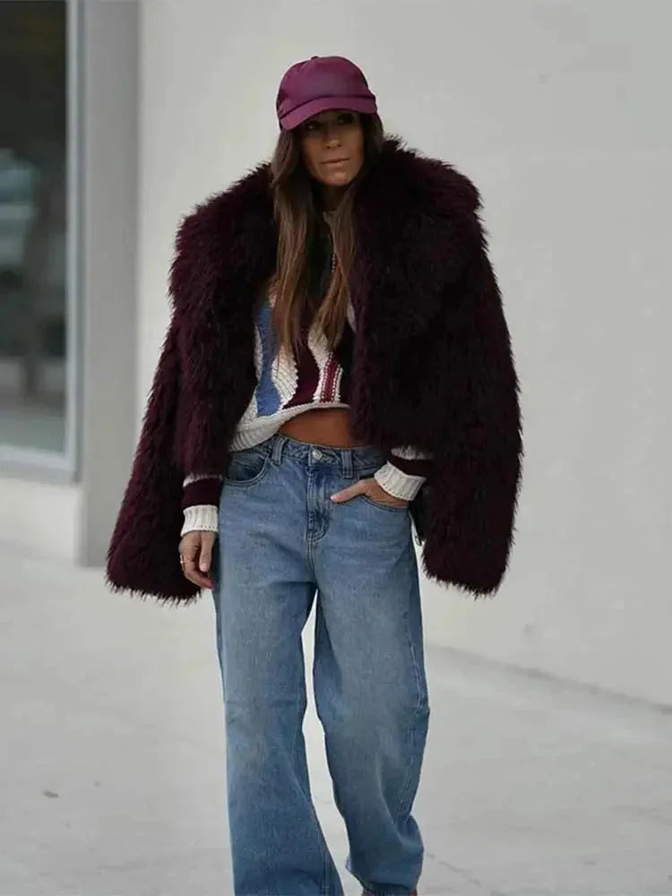 Winter Faux Fur Coat Women Burgundy Oversized Collar Plush
