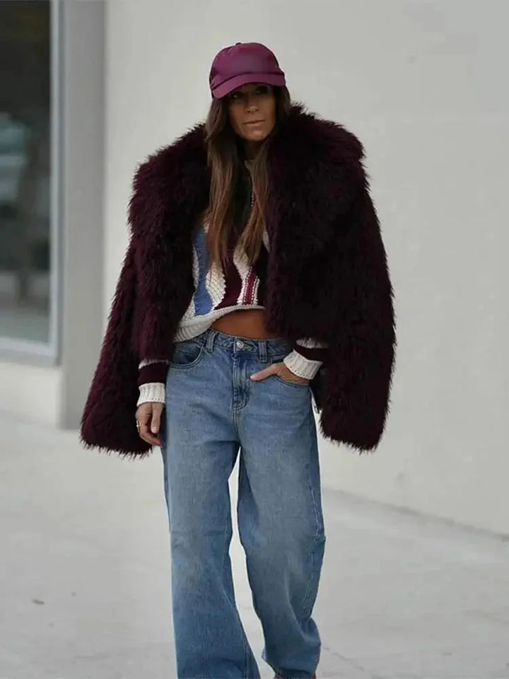 Winter Faux Fur Coat Women Burgundy Oversized Collar Plush
