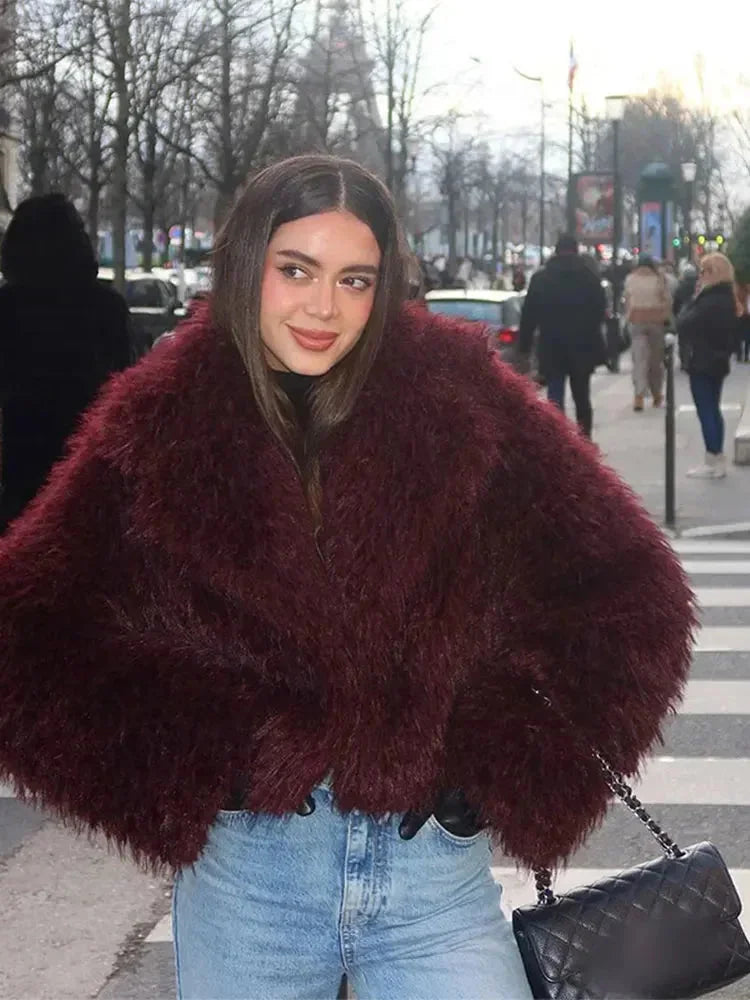 Winter Faux Fur Coat Women Burgundy Oversized Collar Plush