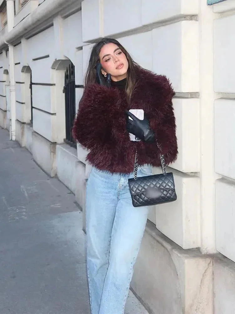 Winter Faux Fur Coat Women Burgundy Oversized Collar Plush