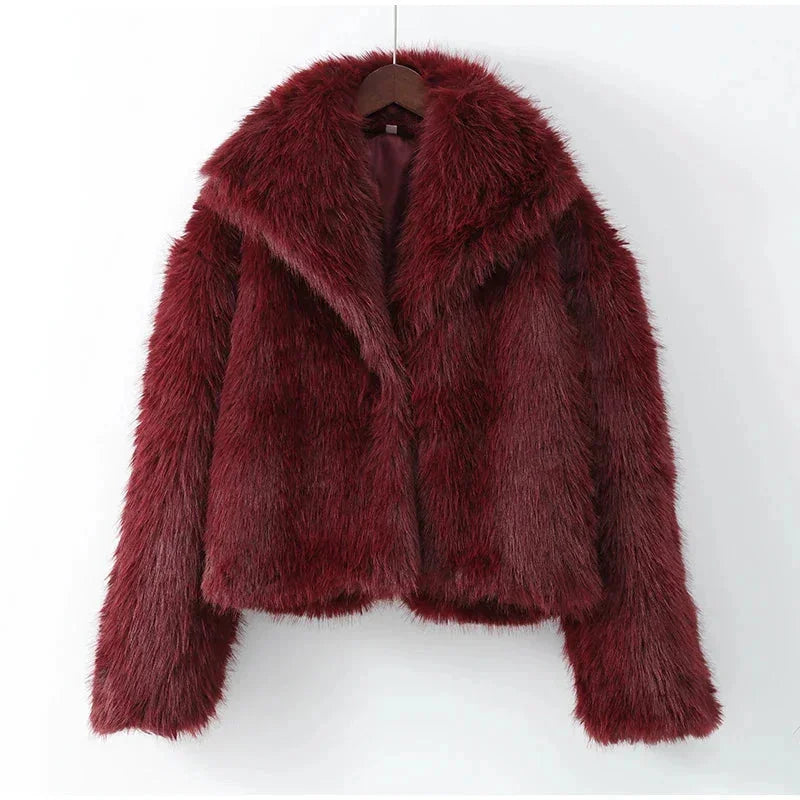 Winter Faux Fur Coat Women Burgundy Oversized Collar Plush