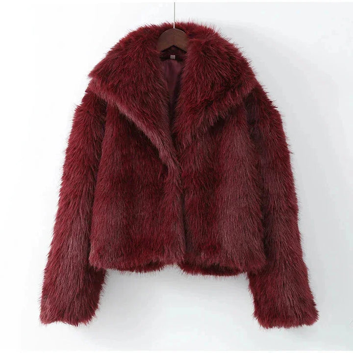 Winter Faux Fur Coat Women Burgundy Oversized Collar Plush