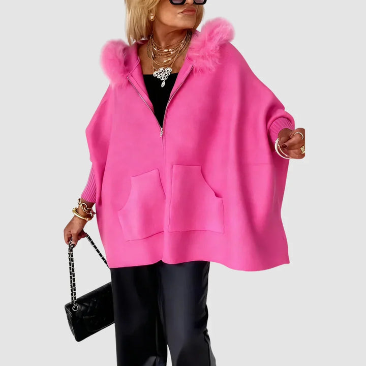 Winter Hooded Faux Fur Trim Coat Women Zip Front Patch Pockets
