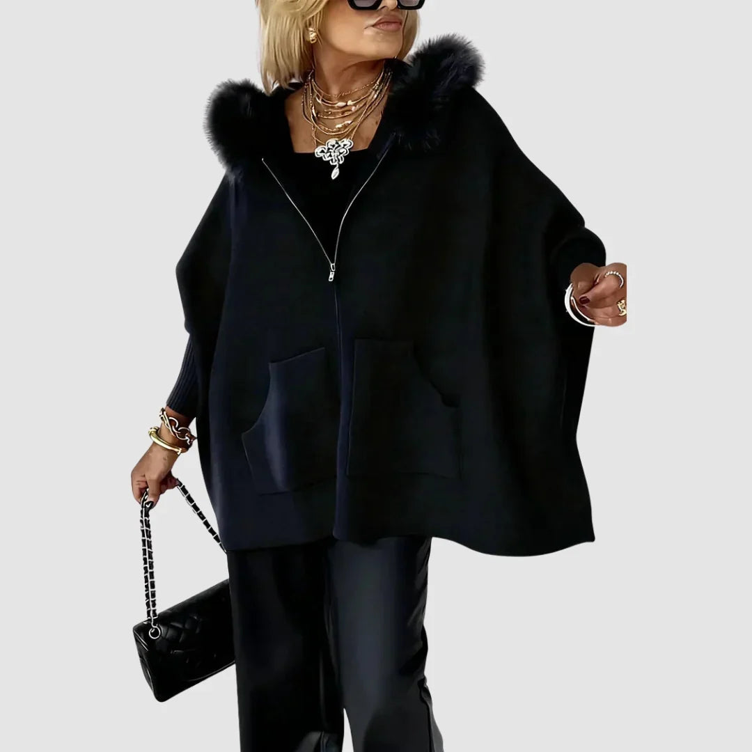 Winter Hooded Faux Fur Trim Coat Women Zip Front Patch Pockets