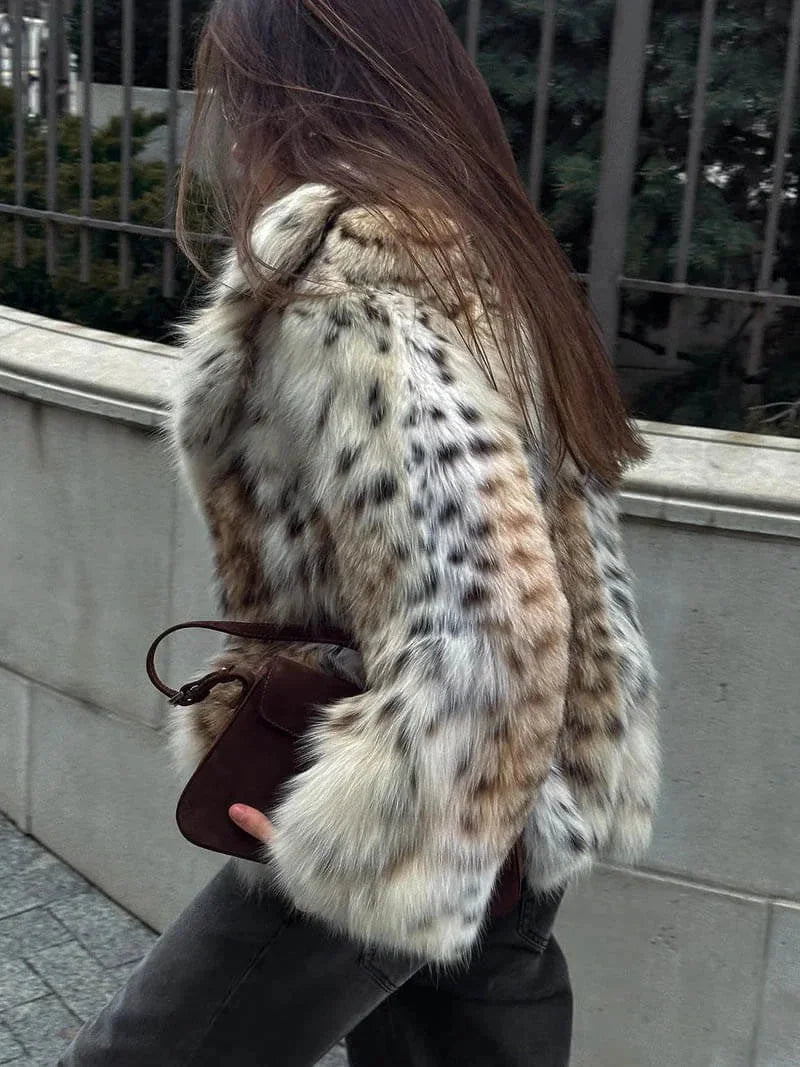 Winter Leopard Print Faux Fur Coat Women Relaxed Fit Fluffy