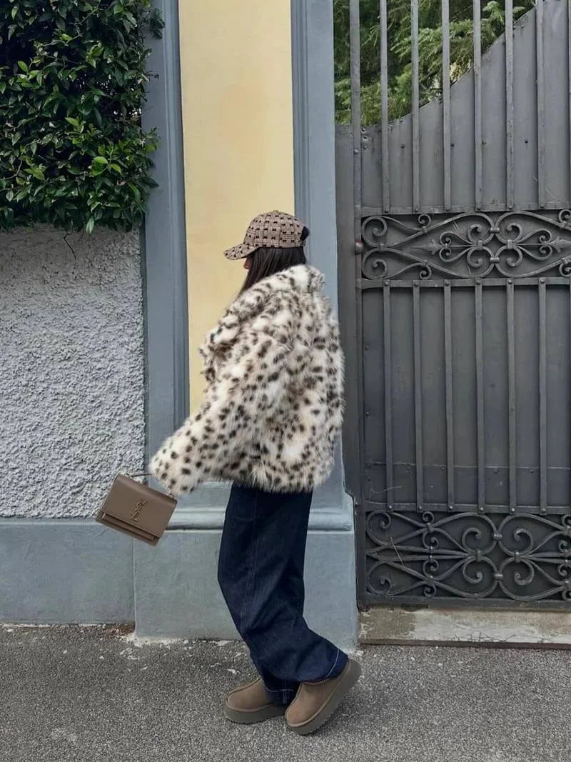 Winter Leopard Print Faux Fur Coat Women Relaxed Fit Fluffy