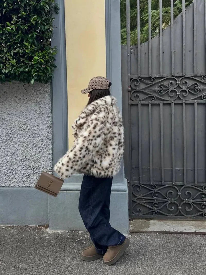 Winter Leopard Print Faux Fur Coat Women Relaxed Fit Fluffy