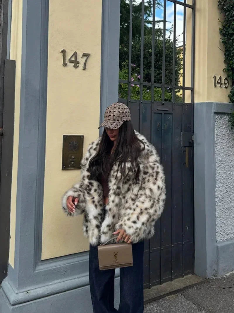 Winter Leopard Print Faux Fur Coat Women Relaxed Fit Fluffy