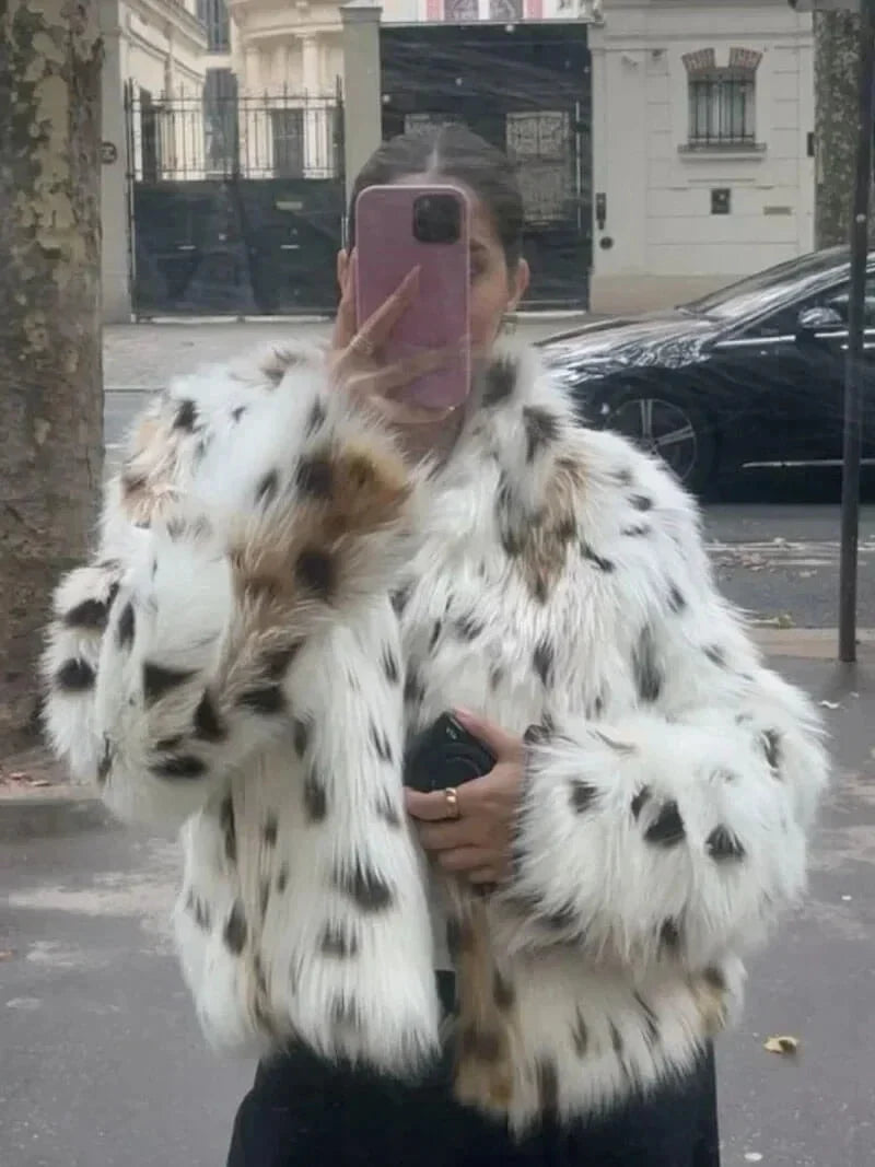 Winter Leopard Print Faux Fur Coat Women Relaxed Fit Fluffy