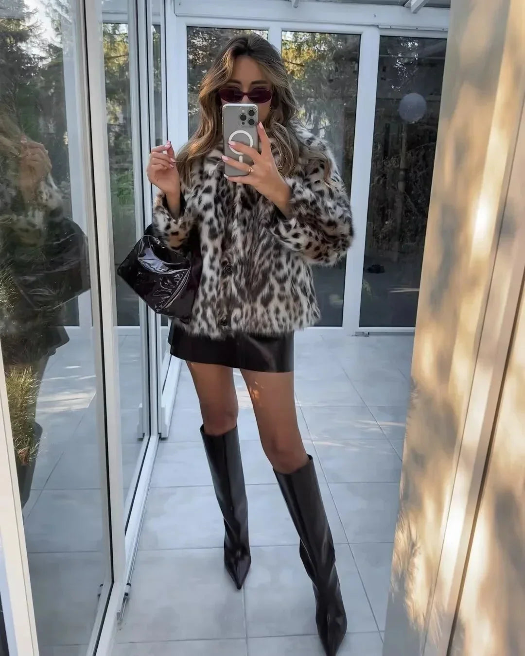 Winter Leopard Print Faux Fur Coat Women Long Sleeve Plush